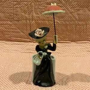 Vintage ceramic planter lady in black dress with parasol